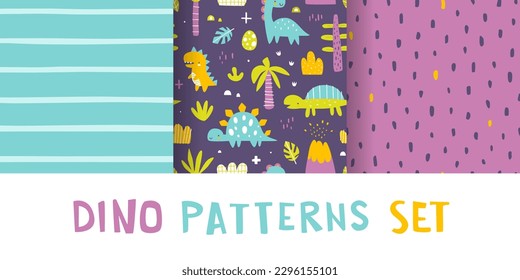Cute pattern set with baby dino. Seamless colorful vector print collection with abstract dinosaurs for kids textile and fabric.