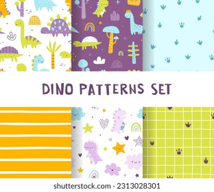 Patrón lindo con dino para los niños. Colección de huellas de colores vectoriales impecables con dinosaurios abstractos para el tejido de bebé.