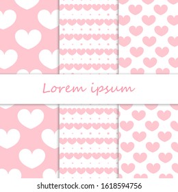 Cute pattern set. Hearts background. Valentine day design. Pink color. Love day. Vector.