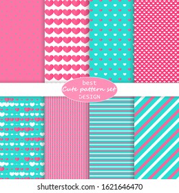 Cute pattern set. Hearts background. Valentine day design. Pink, blue colors. Polka dot, stripes, hearts pattern. Vector.