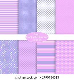 Cute pattern set. Hearts background. Valentine day design. Pink, violet colors. Polka dot, stripes, hearts pattern. Paper set mockup. Vector.