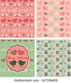 Cute pattern set for Valentine's day with birds, hearts and gift 