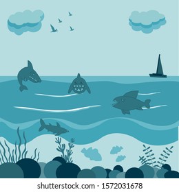Cute pattern with sharks and fishes on a blue background with sea plants in a cartoon style. Illustration for children in vector. Ocean background. Game assets for stickers or web applications.