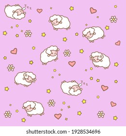 Cute pattern with sheep, hearts, flowers and stars
