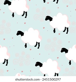 Cute pattern with sheep and lambs. Tender red hearts in a seamless illustration