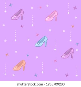 Cute pattern with shoes on a purple background with stars.
