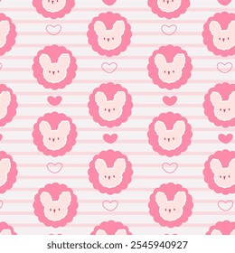 Cute pattern showcases a cute bunny face and heart icons in a kawaii style, set against a pink and white striped background. 