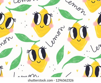 Cute pattern with sign "LEMON". Nursery childish print. Cartoon hand drawn vector illustration. 