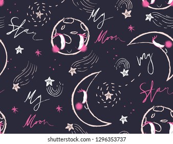Cute pattern with sign "MY MOON, MY STAR". Nursery childish print. Cartoon hand drawn vector illustration. 
