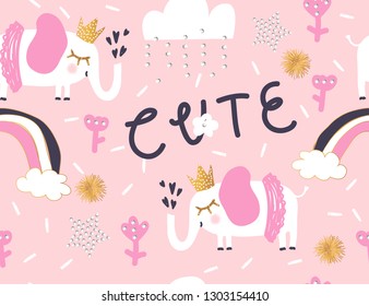 Cute pattern with sign "CUTE". Nursery childish print. Cartoon hand drawn vector illustration. 