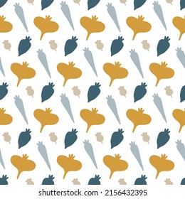 Cute pattern with silhouette of root vegetable in scandinavian style. Seamless texture with veggie. Cute kitchen textile. Summer farm crops root. Healthy food for tablecloth fabric print. Flat vector.