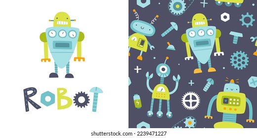 Patrón lindo con robots tontos para los niños. Divertido juego de impresión vectorial sin costura para ropa y textiles para bebés.
