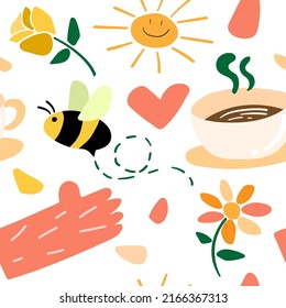 Cute pattern with sipping coffee in the morning on a bright day.
