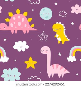 Cute pattern with sleeping dino in the sky. Seamless print with cute dinosaurs for baby girls bedding and pajamas.