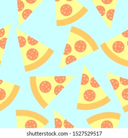 Cute pattern with slices of pizza on the blue background. Vector illustration. 