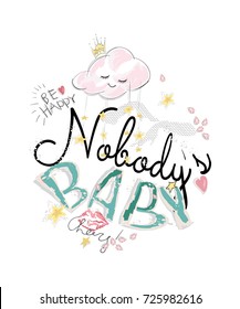 Cute pattern with slogans, stars, lips and jewelry. Vector baby design for fashion apparels, t shirt, stickers and printed tee design.