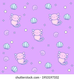 Cute pattern with small axolotls and seashells on purple background
