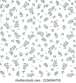 Cute pattern in small berries and leaves. Small blue flowers. White background. Small cute simple spring flowers.