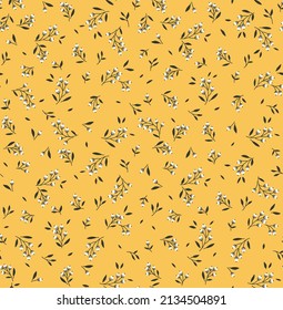 Cute pattern in small berries and leaves. Small white flowers. Yellow  mustard background. Small cute simple spring flowers.
