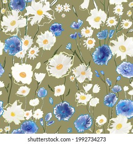 Cute pattern with small blue and white flowers on green. Liberty style. Drawn floral seamless meadow background, texture, print. Vector illustration of wild cornflowers, chamomile, ryegrass