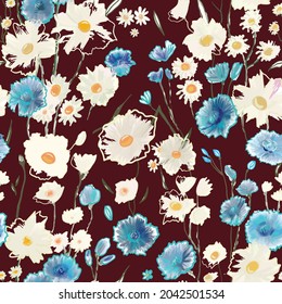 Cute pattern with small blue and white flowers on burgundy. Liberty style. Drawn floral seamless meadow background, texture, print. Vector illustration of wild cornflowers, chamomile, ryegrass