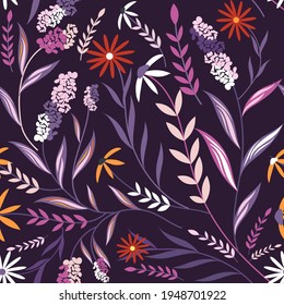 Patrón lindo en flor pequeña. Pequeñas flores de colores. Fondo floral de color marrón. La elegante plantilla para las impresiones de moda.