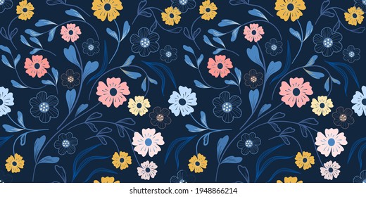 Patrón lindo en flor pequeña. Pequeñas flores de colores. Fondo floral de color marrón. La elegante plantilla para las impresiones de moda.