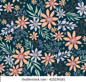 Cute pattern in small flower. Small colorful flowers. Dark blue background. Spring floral background. The elegant the template for fashion prints.