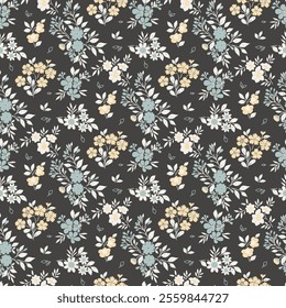 Cute pattern in small flower. Small light blue, yellow flowers.Dark background. Floral seamless pattern. Ditsy floral background. Elegant flower seamless pattern for fashion prints, wrapping, surface 