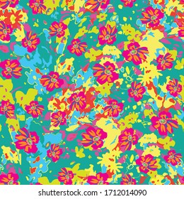 Cute pattern in a small flower. Little colorful flowers. Colorful and bright summer silhouette. Abstract seamless pattern with leaves and flowers. Background with floral vector for modern style.