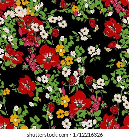Vintage Fabric Tiny Red & Black Flowers on Bright Yellow Background 