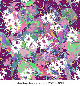 Cute pattern in a small flower. Little leave flowers. Colorful bright summer silhouette line drawing . Abstract seamless with leaves, poppies. Background composition template vector for modern style.