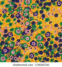 Cute pattern in a small flower. Little leave flowers. Colorful bright summer silhouette line drawing . Abstract seamless with leaves, poppies. Background composition template vector for modern style.