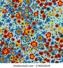 Cute pattern in a small flower. Little leave flowers. Colorful bright summer silhouette line drawing . Abstract seamless with leaves, poppies. Background composition template vector for modern style.