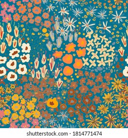 Cute pattern in a small flower. Little colorful flowers. Creative and bright summer silhouette. Abstract seamless doodle leaves and flowers. Background with floral vector modern style color. Cartoon