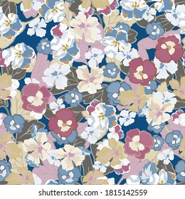 Cute pattern in a small flower. Little colorful flowers. Creative and bright summer silhouette. Abstract seamless doodle leaves and flowers. Background with floral vector modern style color. Cartoon