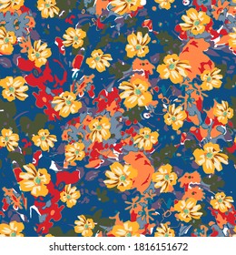 Cute pattern in a small flower. Little colorful flowers. Creative and bright summer silhouette. Abstract seamless doodle leaves and flowers. Background with floral vector modern style color. Cartoon