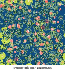 Geräumiges Muster in einer kleinen Blume. Kleine bunter Blumen. Kreative und helle Sommersilhouette. Abstrakte nahtlose Doodle Blätter und Blumen. Hintergrund mit floraler Vektorfarbe im modernen Stil. Cartoon