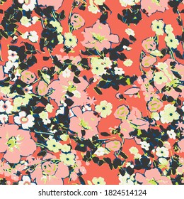 Cute pattern in a small flower. Little colorful flowers. Creative and bright summer silhouette. Abstract seamless doodle leaves and flowers. Background with floral vector modern style color. Cartoon