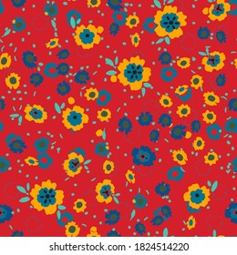 Cute pattern in a small flower. Little colorful flowers. Creative and bright summer silhouette. Abstract seamless doodle leaves and flowers. Background with floral vector modern style color. Cartoon