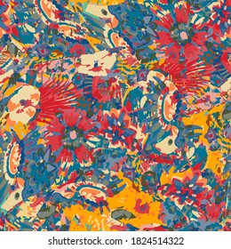 Cute pattern in a small flower. Little colorful flowers. Creative and bright summer silhouette. Abstract seamless doodle leaves and flowers. Background with floral vector modern style color. Cartoon