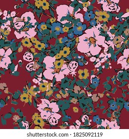 Cute pattern in a small flower. Little colorful flowers. Creative and bright summer silhouette. Abstract seamless doodle leaves and flowers. Background with floral vector modern style color. Cartoon