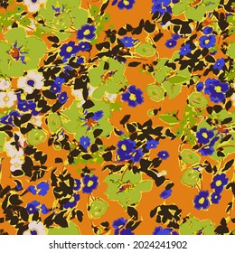 Geräumiges Muster in einer kleinen Blume. Kleine Blätter Blumen. Farbige, helle Silhouettenzeichnung . Abstrakt nahtlos mit Blättern, Pflaumen. Vorlage für Hintergrundkomposition für modernen Stil.