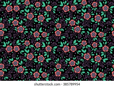 Cute pattern in small flower. Small pink flowers. Black background. Seamless cute ditsy colorful flower pattern in vector. 