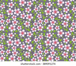 Cute pattern in small flower. Pink Sakura flowers, blossoming japanese cherry. Symbol of spring.  Small pink and white flowers. Gray background. Small cute simple spring flowers. 