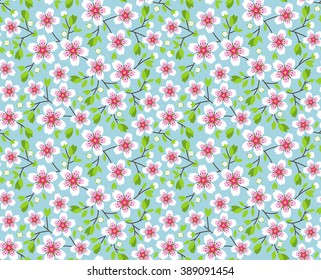 Cute pattern in small flower. Pink Sakura flowers, blossoming japanese cherry. Symbol of spring.  Small colorful flowers. Blue background. Floral seamless pattern. Small cute simple spring flowers. 