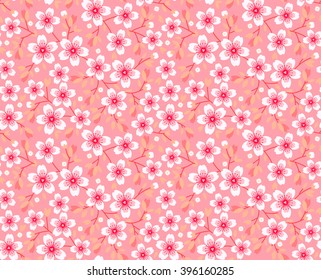 Cute pattern in small flower. Pink Sakura flowers, blossoming japanese cherry. Symbol of spring. Small colorful flowers. Pink background. Floral seamless pattern. Small cute simple spring flowers.