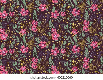 Cute pattern in small flower. Small pink flowers. Purple background. Small cute simple spring flowers. 
