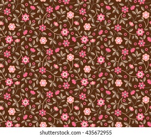 Cute pattern in small flower. Small pink flowers. Dark brown background. Ditsy floral background. The elegant the template for fashion prints.