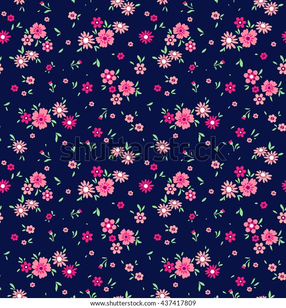 小さな花にかわいい柄 ピンクの小さな花 暗い青の背景 ディティー花柄の背景 ファッションプリント用のエレガントなテンプレート のベクター画像素材 ロイヤリティフリー